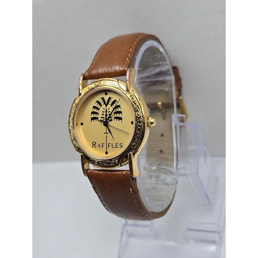 Vintage Raffles Hotel Singapore L'Orelogg 34mm Quartz Watch Leather New Battery